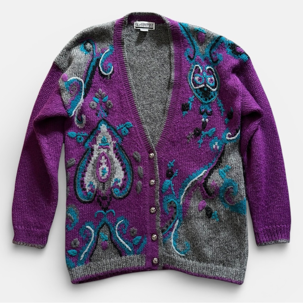 Vintage Oversized Mohair Blend Cardigan Purple Gray Art Knit‎ Women L